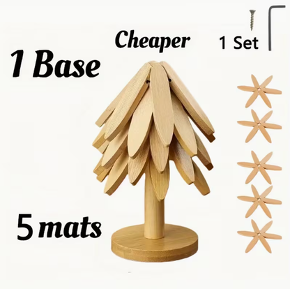 Set of 5 Wooden Tree-Shaped Trivets - Heat-resistant pot and pan holders, durable kitchen accessories.