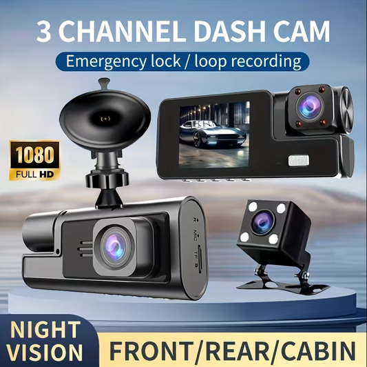 📹 1080P 3 Channel Car Dash Cam｜Front Rear Inside Vehicle Camera  🚗
